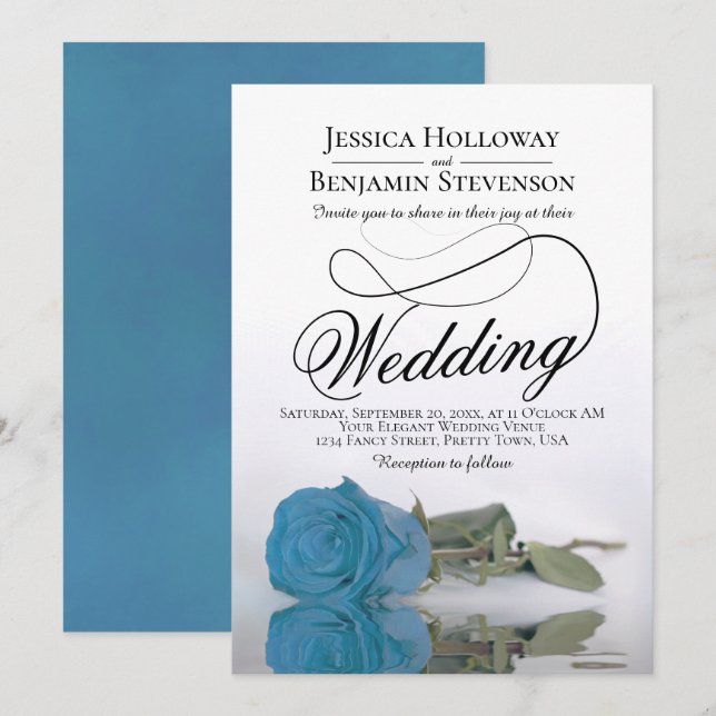Elegant Türkis Blue Rose Klassische Script Hochzei Einladung (Vorne/Hinten)