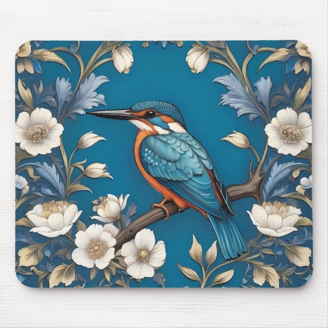 Elegant Türkis Kingfisher Bird Floral Mousepad (Vorne)