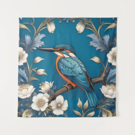 Elegant Türkis Kingfisher Bird Floral Wandteppich
