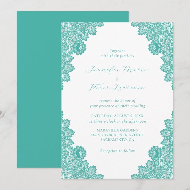 Elegant Türkise Lace Wedding Einladung (Vorne/Hinten)