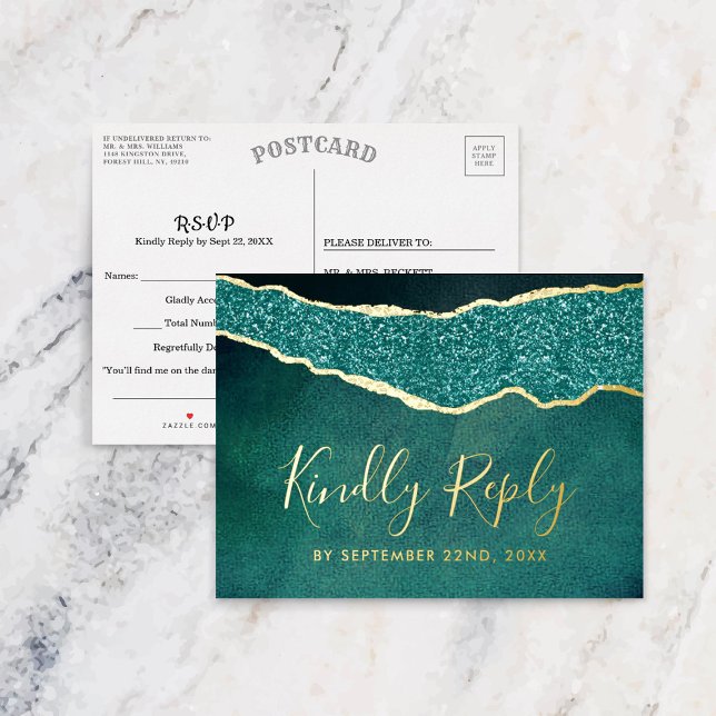 Elegant Turquoise Agate Wedding RSVP Real Folie Einladungspostkarte (Von Creator hochgeladen)