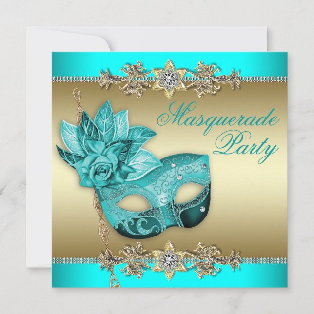 Elégant Turquoise Blue Masquerade Party Invitation (Devant)