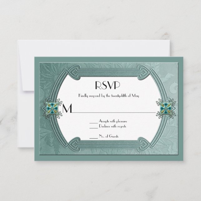 Elégant Turquoise Damask Jewels RSVP Card (Devant)