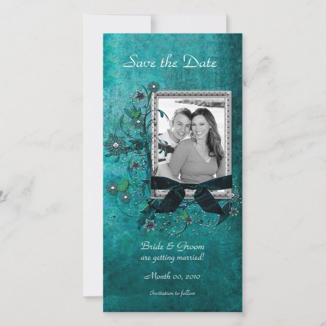 Elégant Turquoise Floral Enregistrer la date Carte (Devant)