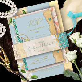 Elegant Turquoise Gold Floral Lace Wedding         Einladungsbanderole