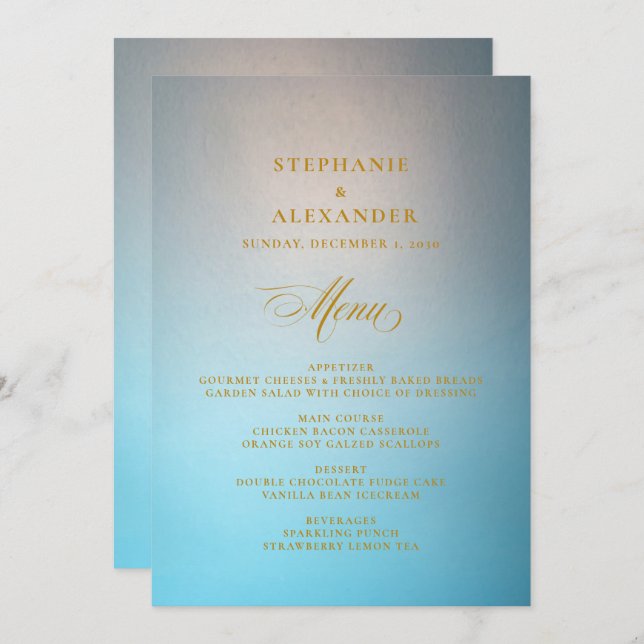Elégant Turquoise Gold Script Menu Mariage (Devant / Derrière)