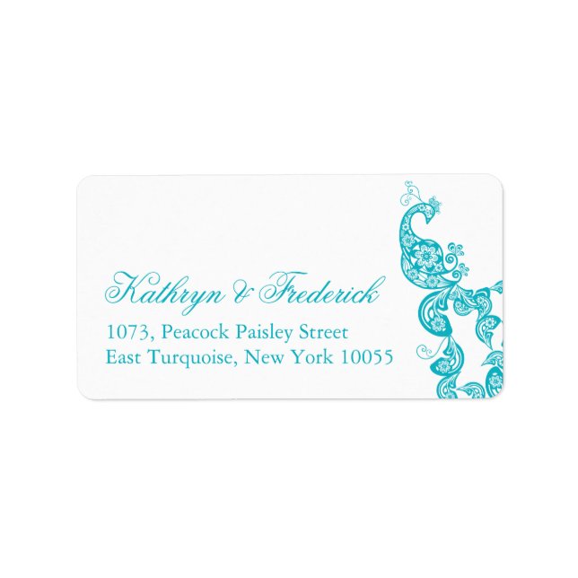 Elegant Turquoise Paisley Peacock Wedding Address Adressaufkleber (Vorne)