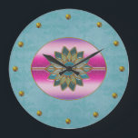 Elegant Turquoise & Pink Art Deco Wall Clock Große Wanduhr<br><div class="desc">Pretty wall clock done in a turquoise damask background.  Elegant graphics of gold studs represent the numbers,  around the edge,  and a lovely turquoise and pink Art Deco style oval decorates the middle of the clock.  Customize to add text.  Lovely clock for any room of the house or office.</div>