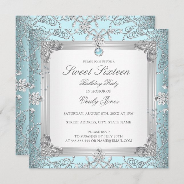 Elégant Turquoise Sweet 16 Seteen Pearl Invitation (Devant / Derrière)