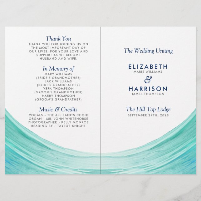 Elégant Turquoise Tides Beach Wedding Programme (Devant)