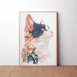 Elegant Tuxedo Cat mit Leaf Motif - Paper Art Poster