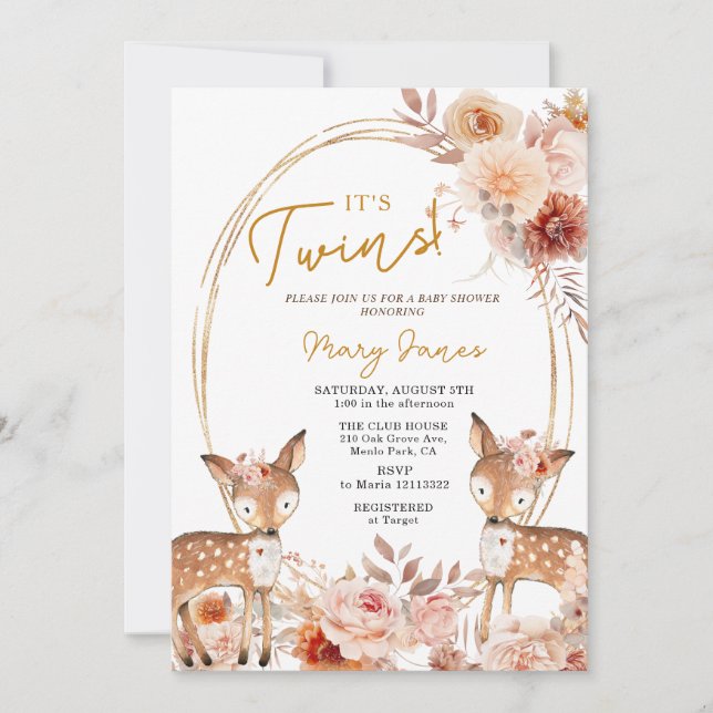 Elegant Twin Deer Ivory Beige Blume Baby Shower Einladung (Vorderseite)