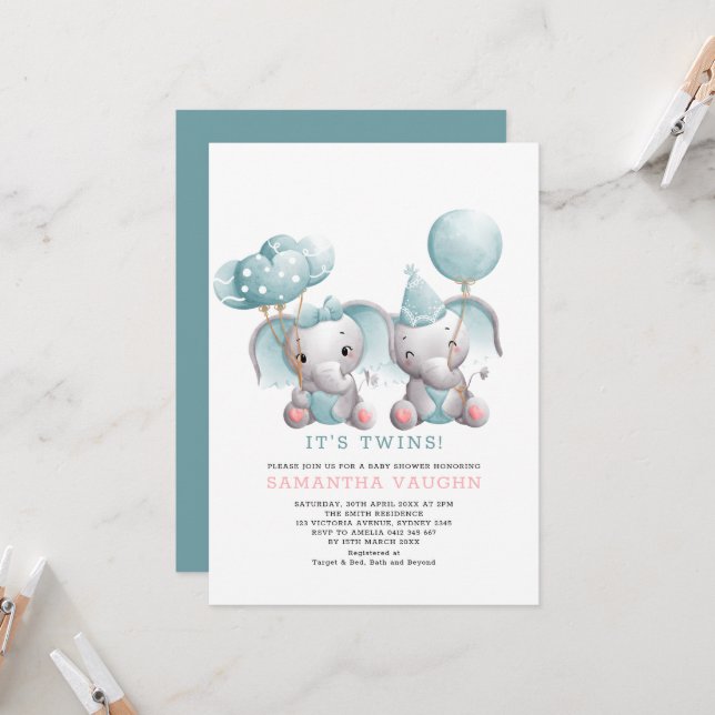 Elegant Twin Elephant Baby Shower Einladung (Vorderseite/Rückseite Beispiel)