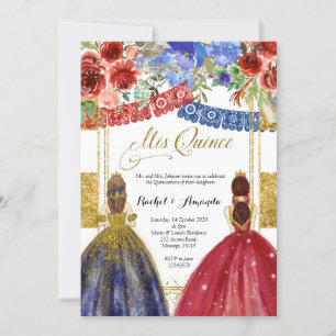 Elégant Twin Quinceañera Invitation Floral Gold