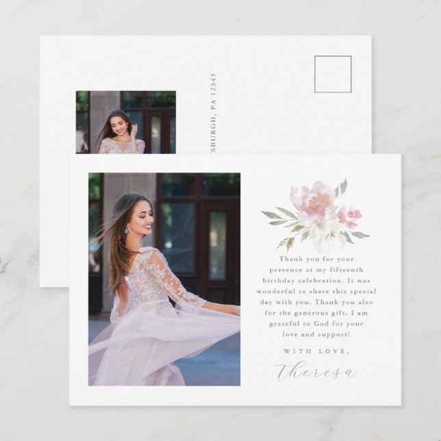 Elegant Two Foto Quinceanera Floral Vielen Dank Postkarte (Vorne/Hinten)