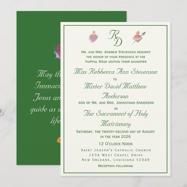 Elegant Two Hearts Catholic Wedding Invitation (Devant / Derrière)