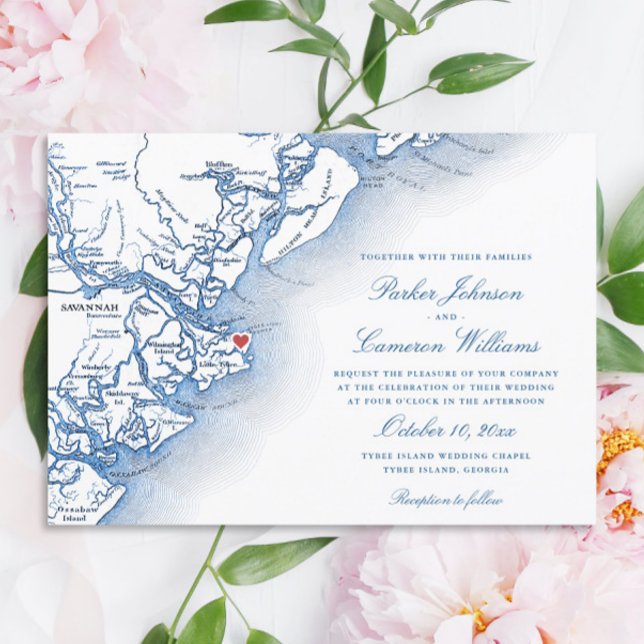 Elegant Tybee Island Georgia Karte Blue Wedding (Elegant Tybee Island Georgia Wedding Invitation with navy blue map from Coastal Map Designs)