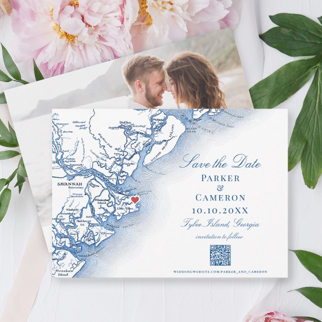 Elegant Tybee Island Georgia Karte Hochzeit der Ma (Tybee Island GA Map Wedding Save the Date with Photo and QR Code in elegant navy blue )