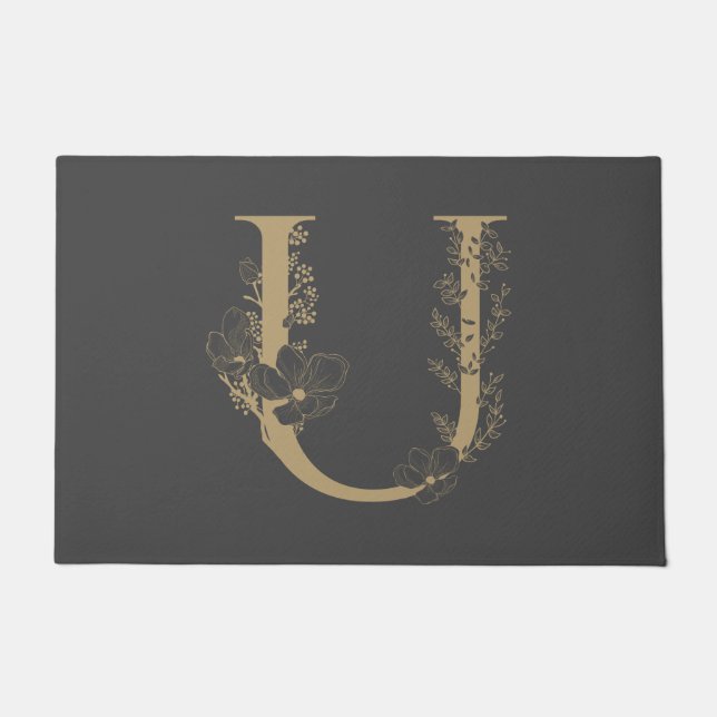 Elegant U Boho Floral Monogram Initial Gray Gold Fußmatte (Vorderseite)