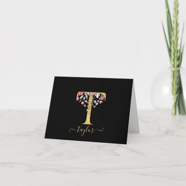 Elegant und klassisch Gold Monogram T Floral Dankeskarte (Vorderseite)
