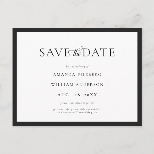 Elegant und klassisch Schwarz & Weiß Save the Date Postkarte (Vorderseite)
