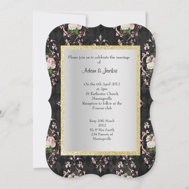 ELEGANT UND MODERN WEDN BLUMENDAMASK SCHWARZ EINLADUNG (Vorderseite)