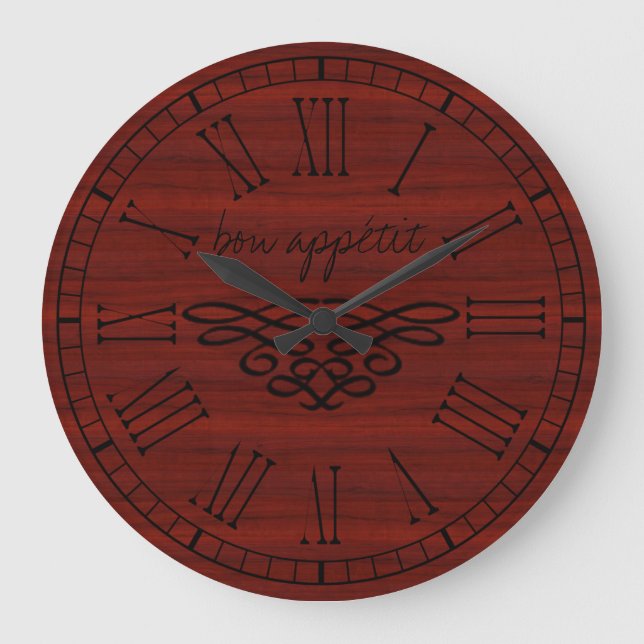 Elegant und stilvoll Bon Appetit Red Cherry Wood Große Wanduhr (Vorderseite)