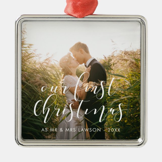 Elegant Unser erstes Foto zur Weihnachtszeit Ornament Aus Metall (Vorne)