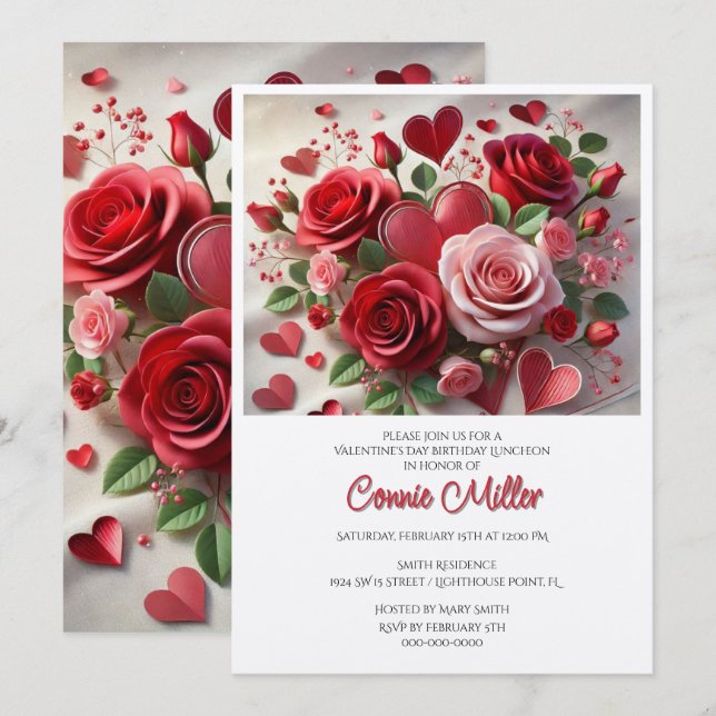 Elegant Valentine Birthday Luncheon Einladung (Vorne/Hinten)