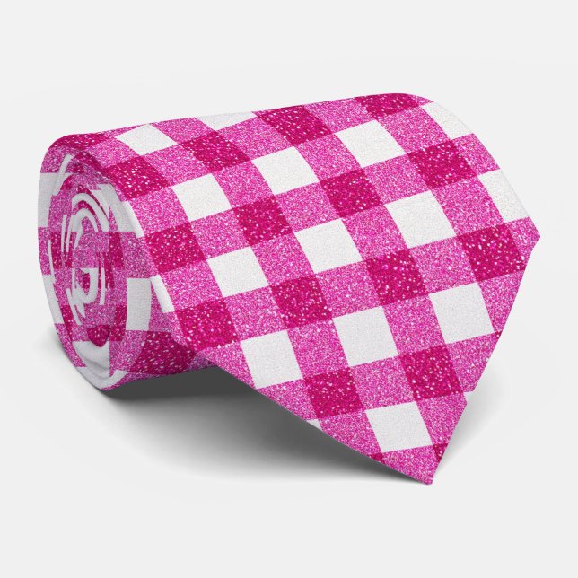 Elegant Valentine Pink Glitter Tartan on White Krawatte (Gerollt)