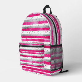 Elegant Valentine Pink Silver Hearts on Striped Bedruckter Rucksack