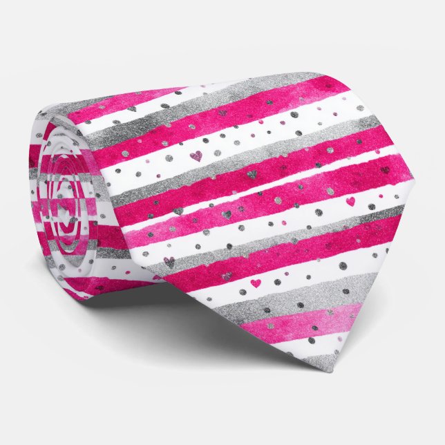 Elegant Valentine Pink Silver Hearts on Striped Krawatte (Gerollt)