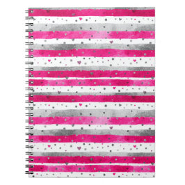 Elegant Valentine Pink Silver Hearts on Striped Notizblock