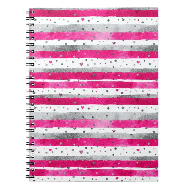 Elegant Valentine Pink Silver Hearts on Striped Notizblock (Vorderseite)
