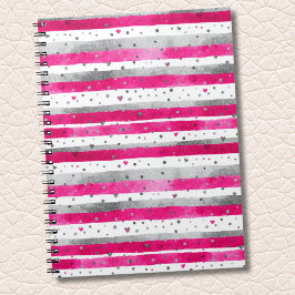 Elegant Valentine Pink Silver Hearts on Striped Notizblock