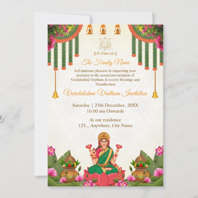 Elégant Varalakshmi Vratham Invitation Card (Devant)
