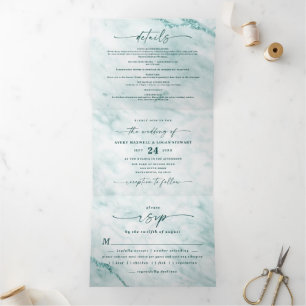 Elegant Verde Pastel Green Metallic Marble Wedding Dreifach Gefaltete Einladung