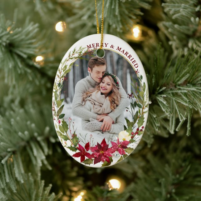 Elegant Verheiratet Merry Poinsettia Foto Weihnach Keramik Ornament (Baum)