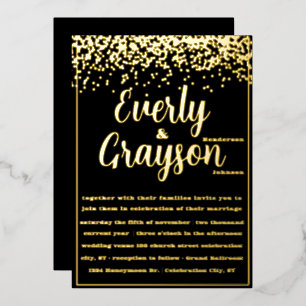 Elegant Veri Black and Gold Confetti Wedding Folieneinladung