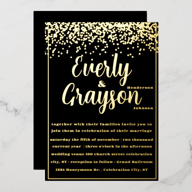 Elegant Veri Black and Gold Confetti Wedding Folieneinladung (Vorderseite/Rückseite)