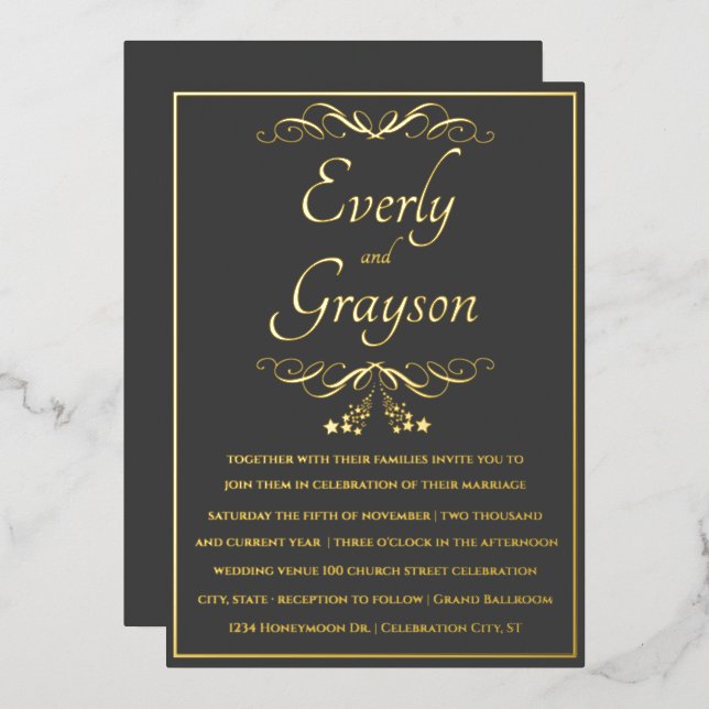 Elegant Veri Kohle und Gold Wedding Folieneinladung (Vorderseite/Rückseite)