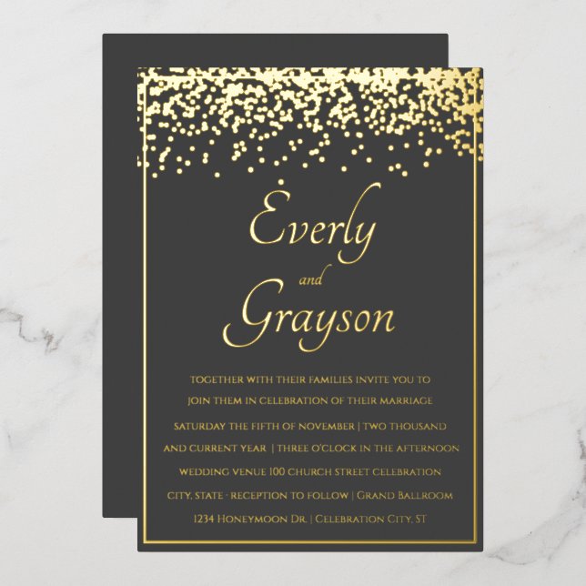 Elegant Veri Kohle und Gold Wedding Folieneinladung (Vorderseite/Rückseite)