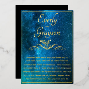 Elegant Veri Moody Shades of Blue Wedding Gold Folieneinladung