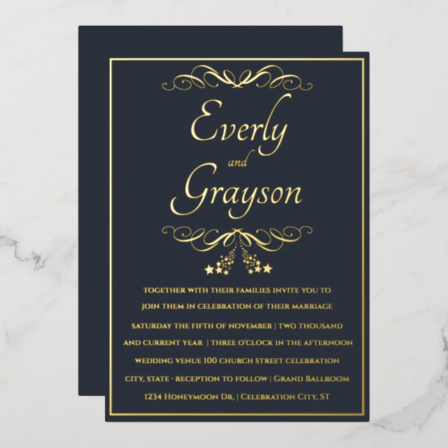 Elegant Veri Navy Blue und Gold Wedding Folieneinladung (Vorderseite/Rückseite)