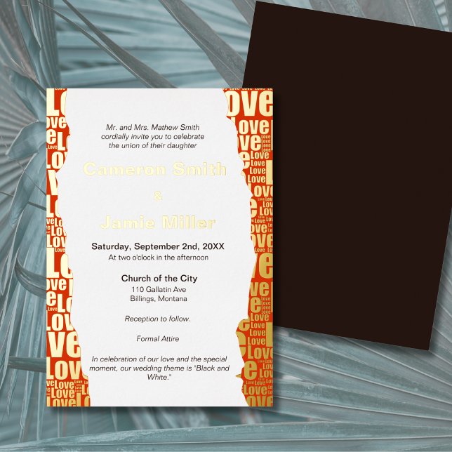 Elegant Vermilion Liebe Typografy Wedding Folieneinladung (Elegant Vermilion Love Typography Wedding Foil Invitation)