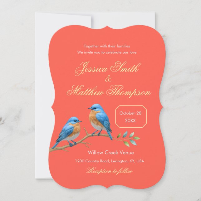 Elegant Verona Sunset Coral Bluebirds Wedding Einladung (Vorderseite)