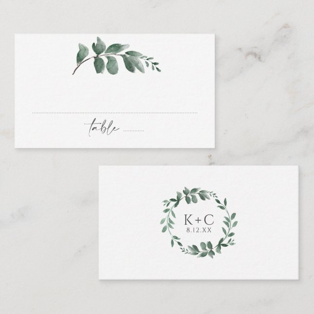 Elégant Vert Aquarelle Mariage Carte Place (Devant / Derrière)