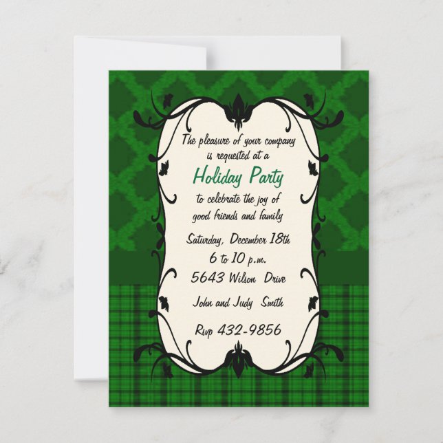 Elégant Vert Floral & Plaid Holiday Invitation (Devant)