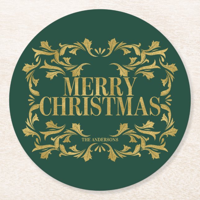 Elegant Verziert Gold Frohe Weihnachts-Untersetzer Runder Pappuntersetzer (Vorderseite)