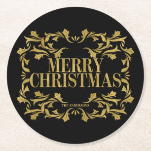 Elegant Verziert Gold Frohe Weihnachts-Untersetzer Runder Pappuntersetzer